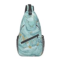 Azurite Teal And Foil Gold Oil Marble Pattern Sling Backpack, Multipurpose Travel Hiking Daypack Rope Crossbody Shoulder Bag