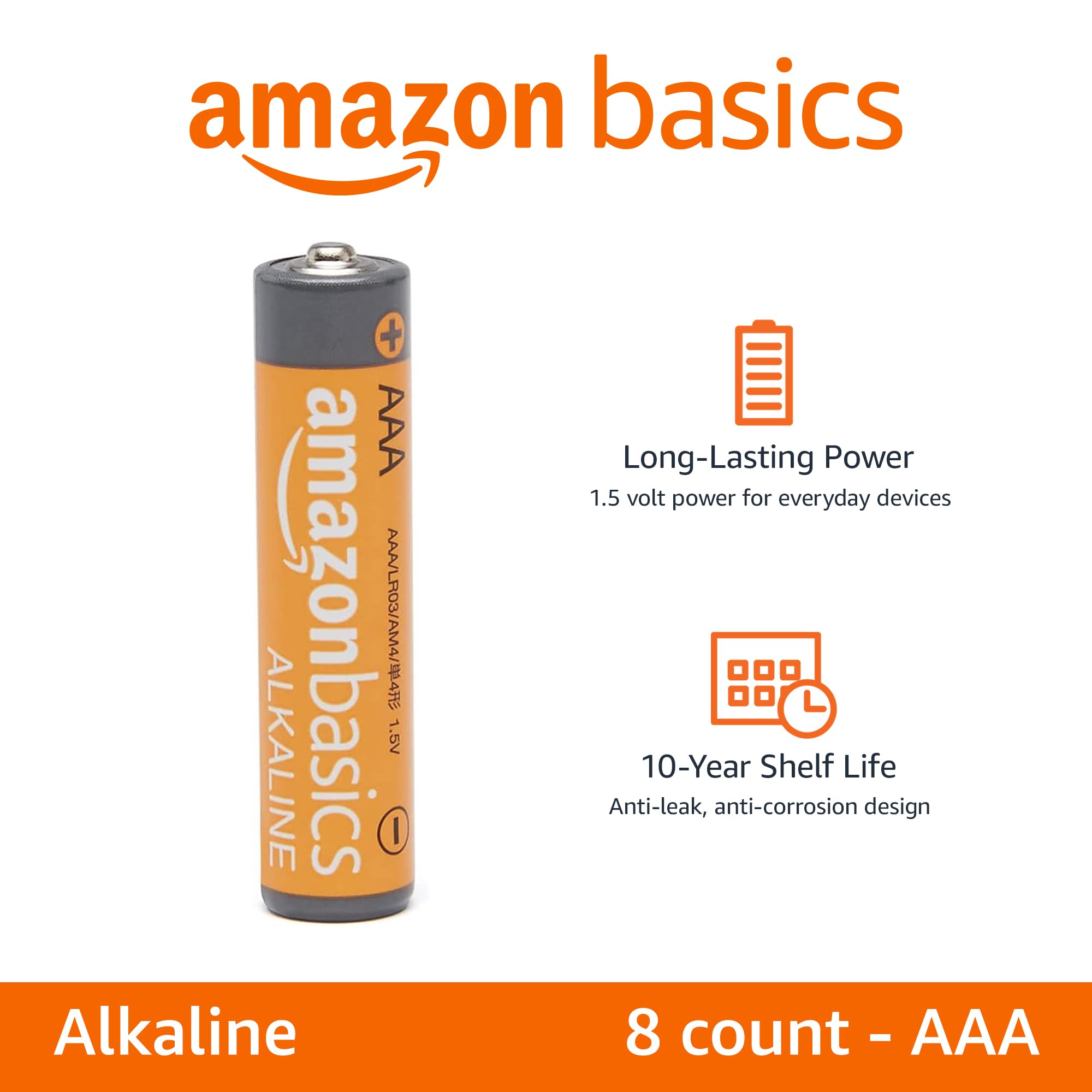 Amazon Basics 8-Pack AAA Alkaline High-Performance Batteries, 1.5 Volt, 10-Year Shelf Life