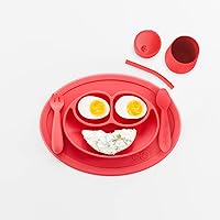 ezpz Mini Collection Set (Coral) - 100% Silicone Cup + Straw, Fork, Spoon & Mini Mat Suction Plate with Built-in Placemat for Infants + Toddlers - First Foods + Self-Feeding - 12 Months+