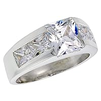 Mens Sterling Silver Cubic Zirconia Ring Princess Cut 3 ct Center 4 side stones, sizes 8 to 13