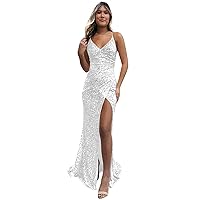 Women's Spaghetti Straps Prom Dresses with Slit Long Sparkly Sequin Formal Evening Gown