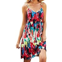 Long Floral Dresses for Women,Women's V Neck Loose Casual Beach Printing Mid Length Strap Dress Womens Casual E