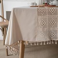 Chic Handmade Embroidered Tablecloths Crochet Hole Patchwork Plaid Tablecloth with Tassels, Rectangle Table Cloeh Dinning Table Cover for Wedding Party Holiday, 55