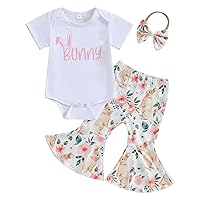 Infant Girls Short Sleeve Letter Print Rompers + Elasticized Cartoon Bunny Flared Pants With Summer