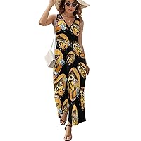 Beer Fishy Bass Fish Fisherman Women's Dress V Neck Sleeveless Dress Summer Casual Sundress Loose Maxi Dresses for Beach