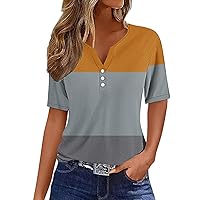 Women's Henley Shirts Trendy Color Block Short Sleeve T Shirts Casual V Neck Button Up Tops Summer Loose Fit Tees