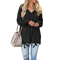 Plus Size Sweaters for Women V Neck Oversized Cable Knit Lace Up Chunky Pullover Sweater Tunic Tops