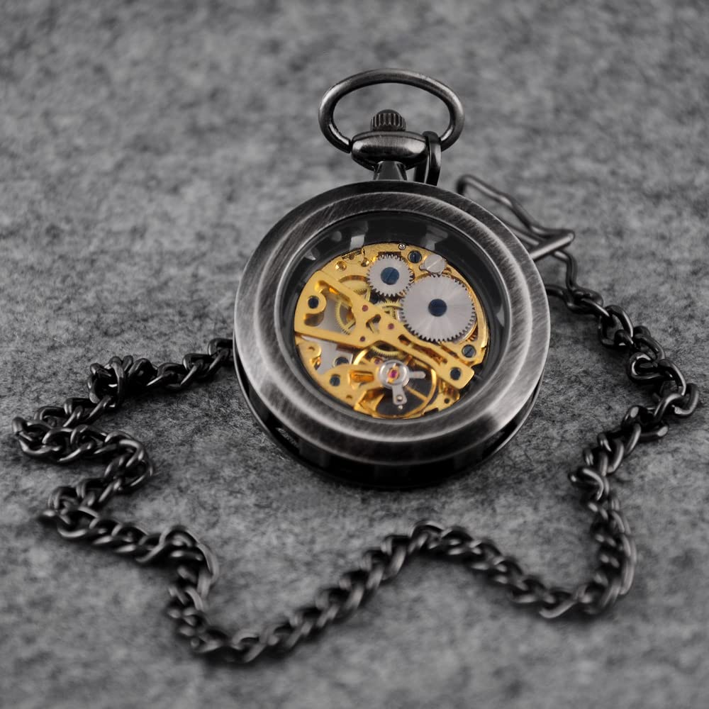 VIGOROSO Mens Steampunk Pocket Watch with Chain Skeleton Manual Hand Wind Mechanical Watches for Men, Gifts for Men & Women Watches Steampunk Cool Evil Dragon Enamel Painting Pocket Watch