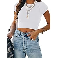REORIA Women's Cute Short Sleeve High Neck Double Lined Tight T Shirts Crop Tops Tees