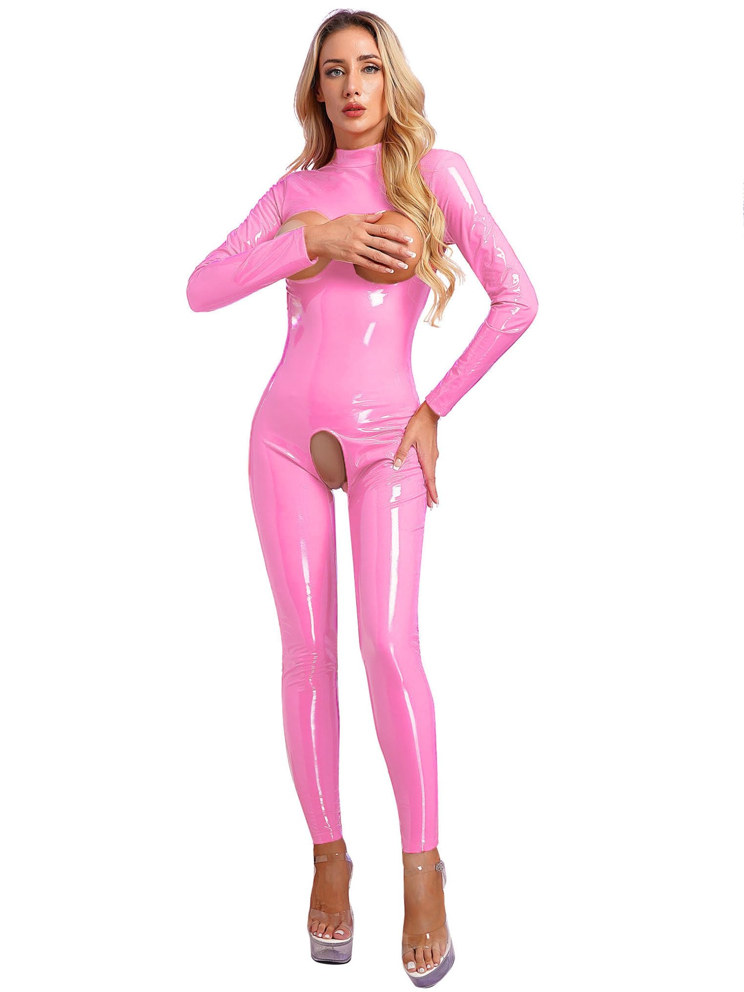 ACSUSS Women Sexy Hollow Out Latex Catsuit PVC Exotic Costume Lingerie Full Bodysuit Clubwear Overalls