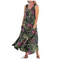 Women's Casual Sundress with Pockets Summer Boho Beach Dress Floral T-Shirts Dress Round Neck Loose Dresses