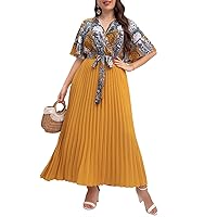 Womens Plus Size Dresses Summer Paisley Print V Neck Wrap Half Sleeve Pleated Belted Dress (Color : Multicolor, Size : Large)