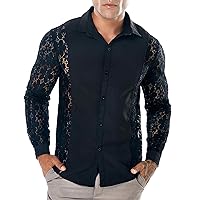 Men's Lace Button Down Long Sleeve Shirt Hollow Out Lapel Collar Shirts Top Sexy Night Club Party See Through Shirt