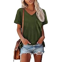 Workout Tops for Women,Womens Tops V Neck Curled Sleeves Solid Color Loose Fit Shirts 2024 Summer Fashion Basic Tunic Chest Pocket Blouse St Patricks Day Shirt Women