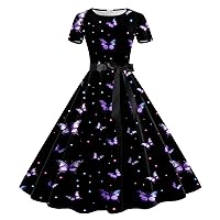 Women's 1950s Vintage Swing Dress Short Sleeve Boatneck Retro Cocktail Dresses with Belt Causal Party A-Line Dresses