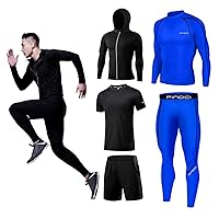 5PCS/Set Men Workout Suit Outfit Fitness Apparel Gym Outdoor Running Compression Pants Shirt Top Long Sleeve Jacket (01,L)