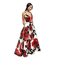 Women's Satin Floral Print Evening Dresses Sleeveless Prom Gowns Formal Dresses