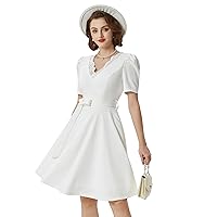 Belle Poque Women Tea Length Dress with Pockets Short Sleeve Tie Waist Dress V Neck A Line Dress for Formal Holiday