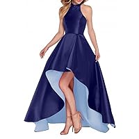 Deep Blue Satin Halter High Low Evening Party Dress Sleeveless Prom Dresses Size 20W