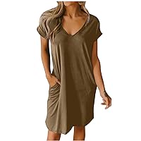 Casual Dresses for Women Summer V Neck Short Sleeve Midi Tshirt Dresses Plain Solid Color Tunic Dress with Pockets