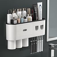 TuCao Double Automatic Toothpaste Dispensers Squeezer Kit with Toothbrush Holder Wall Mounted, Large Storage Organizer with 6 Toothbrush Slots, 3 Magnetic Cups and Cosmetic Organizer Drawer (3 Cups)