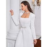 Fall Dresses for Women 2022 Rhinestone Detail -line Dress (Color : White, Size : X-Small)