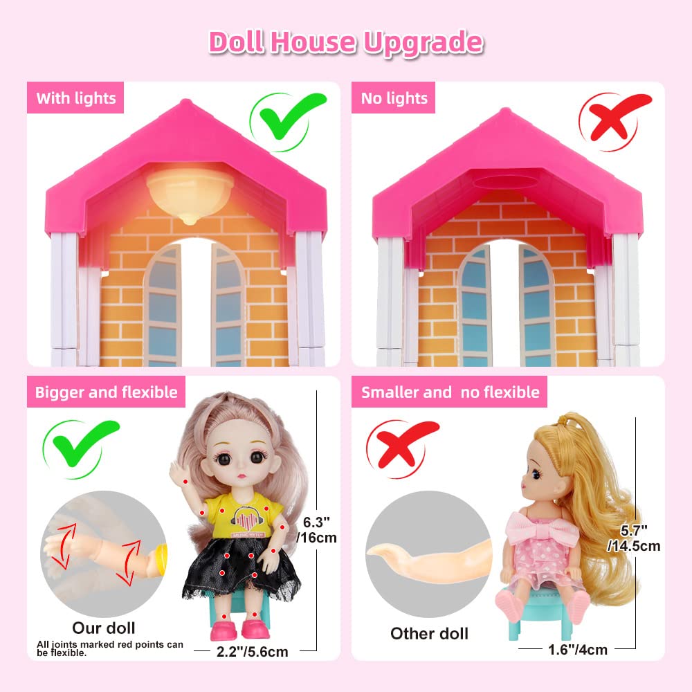 Doll House Kit,Dollhouse with Lights, Slide, Pets and Dolls, DIY Pretend Play Building Playset Toys with Asseccories and Furniture, Princess House for Toddlers, Kids Boy & Girl (11 Rooms)