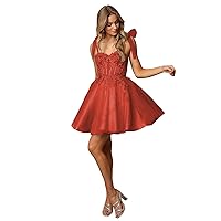 ZHengquan Women's Glitter Tulle Homecoming Dresses for Teens Lace Applique Spaghetti Strap Short Prom Dressees Red
