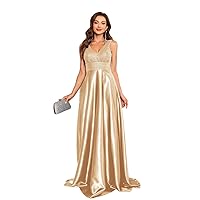 Women Sequins Evening Dress Elegant Deep V-Neck Satin Floor Length Formal Prom Party Gowns