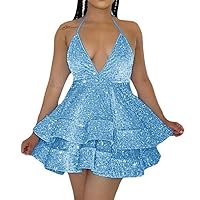 Glitter Sequin Short Prom Dresses for Teens Homecoming Sparkly Halter-Neck Backless Mini Dress for HOCO Party