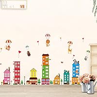 Colorful City House Buildings Cute Bear Lion Giraffe Monkey Hot Air Balloon Removable Wall Sticker Decal, Children Kids Baby Home Room Nursery DIY Decorative Adhesive Art Wall Mural