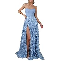 Women's 3D Embroidered Tube Top Mesh Sexy Elegant Tulle Floral Back Tie Hem Slit Prom Formal Evening Dress Maxi