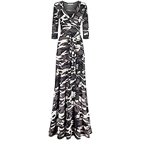 Women's Spring Summer 3/4 Sleeve V-Neck Printed Maxi Faux Wrap e14 Dress Olive XL