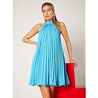 Summer Dresses for Women 2022 Tie Back Pleated Dress (Color : Mint Blue, Size : M)