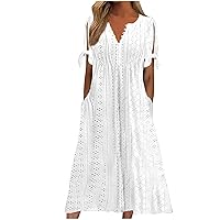 Maxi Dress for Women Casual V Neck Button Tie Short Sleeve Dress Eyelet Embroidery Pleated Flowy Dress with Pockets