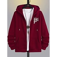 Men Japanese Letter Graphic Zip Up Drawstring Thermal Lined Hoodie Without Tee (Color : Burgundy, Size : XX-Large)