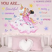 Suplante Black Girl and Unicorn Butterfly Wall Decal Stickers, Positive Saying African American Princess Wall Decor for Girls Room, Inspirational Home Afro Kid Bedroom Nursery Decoration Art Gift