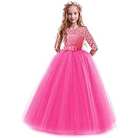 Flower Girls Vintage Lace 3/4 Sleeve Bridesmaid Velvet Dress Princess Wedding Party Pageant Evening Formal Prom Ball Gown