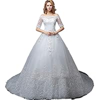 Lace Sleeve Off Shoulder Train Wedding Gown for Bridal