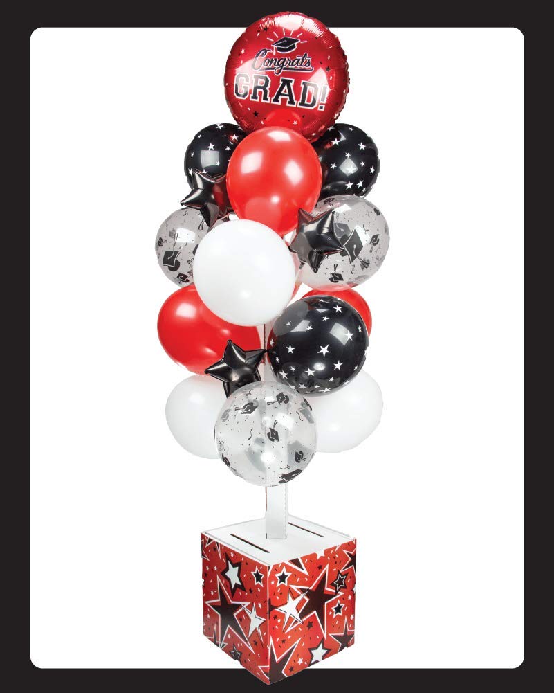 Balloon It Yourself! NO Helium Graduation Balloon Decoration with Card Box. All-in-one Complete do-it-Yourself kit - Red