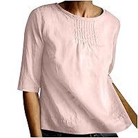 Pleated Front Cotton Linen Shirts for Women Summer Crewneck Half Sleeve Casual Tee Tops 2024 Solid Loose Fit Blouse