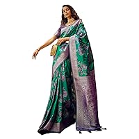 Indian Woman Satin Brasso Handwoven Silk With Flower Weaving & Rich Pallu & Blouse Muslim Sari 5595