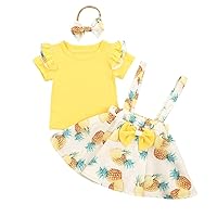 Summer New Girls' Yellow Pullover,Pineapple Printed Strap Skirts and Headbands Three-Piece Suits.