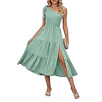 Women's Summer Dresses 2024 Solid Color High Waisted Knotted Smocked Flowing A-Line Layered Midi Slit Flowing Dress