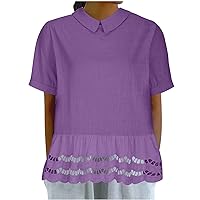 Peter Pan Collar Babydoll Shirts Women Cotton Linen Short Sleeve Cute Tops Summer Hollow Patchwork Hem Loose Blouse