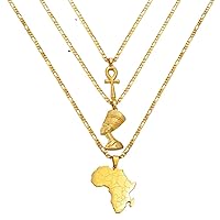 3Pieces Ankh Nefertiti Africa Map Pendant Necklaces - World Map Flag Outline Clavicle Chain Ethnic Unisex Charm Jew