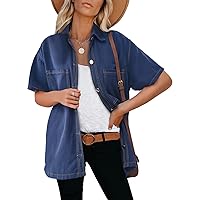Tankaneo Womens Short Sleeve Denim Shirts V Neck Button Down Casual Work Tops Blouse with Pockets