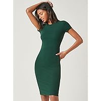 Dresses for Women - Round Neck Solid Bodycon Dress (Color : Dark Green, Size : X-Small)