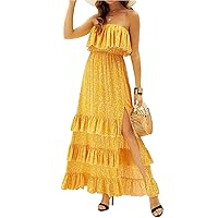 PEHMEA Women's Boho Floral Dress Off Shoulder Ruffled Slit Flowy Tiered Swing Beach Party Maxi Dress