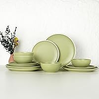 Dinnerware Sets, Ceramic Plates and Bowls Sets, Dish Set for 4 Oven & Microwave Safe, Modern Kitchen 12 Pieces Green Dishes